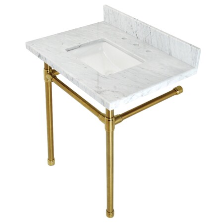 Fauceture Dreyfuss 30" Console Sink W/ SS Leg (8", 3 Hole), Marble White/ Brass KVPB30M8SQ7ST